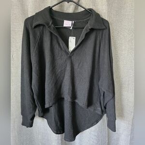 Out From Under Urban Outfitters Black Waffle Knit High Low Long Slv Collared Top